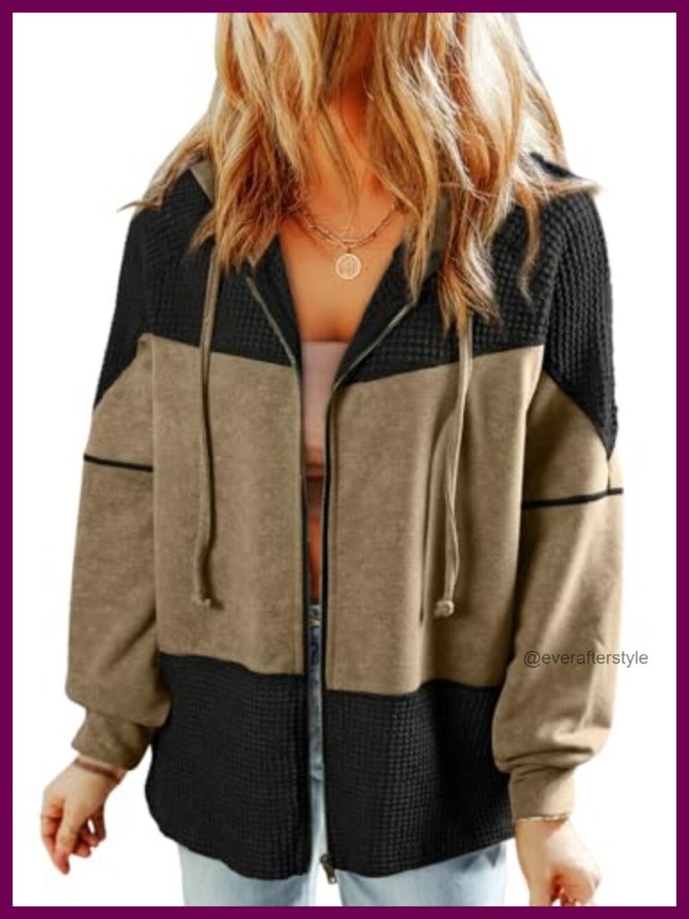 Waffle Knit Zip Up Hoodie Drawstring Loose Fit Lightweight Jacket with Pockets